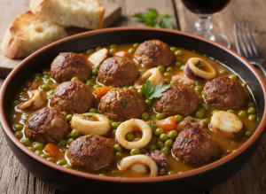 Recepta de sípia amb pèsols i mandonguilles Recepta de sípia amb pèsols i mandonguilles